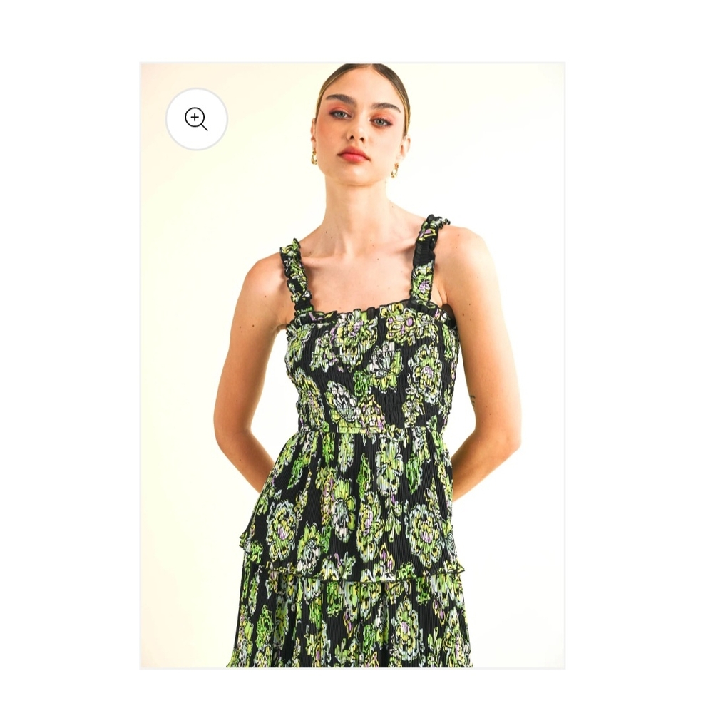 The Reset Black and Green Floral Maxi Dress with Tiered Design Size Large - Picture 4 of 5